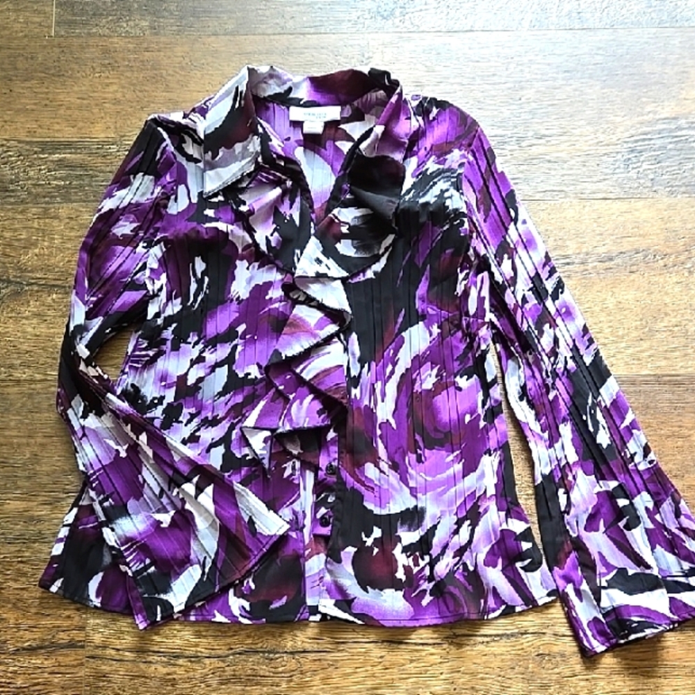 Dressbarn Purple and White Ruffled Long Sleeve Blouse Size Petite Small-